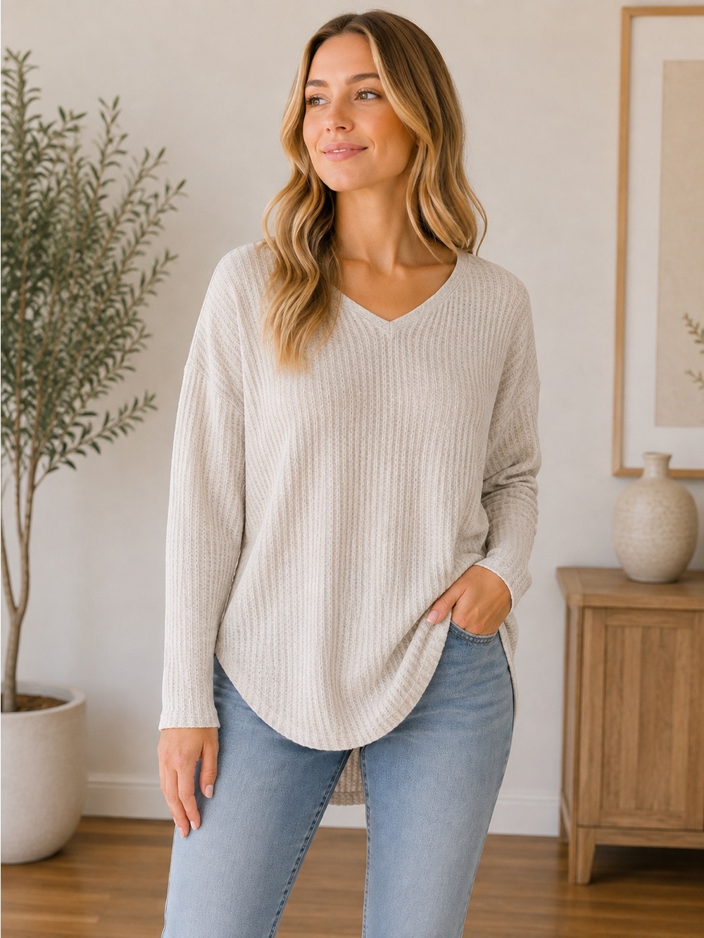 iGENJUN Women’s Waffle Knit V Neck Long Sleeve Tunic Top Oatmeal Beige Large